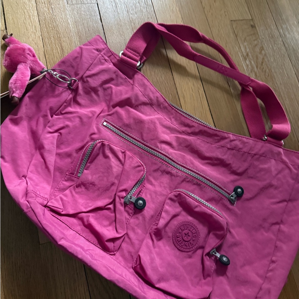 Kipling Hot Pink Nylon Shoulder Tote with Front Pockets